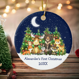 Décoration En Céramique Baby First Christmas Forest Animaux Lumières Ciel