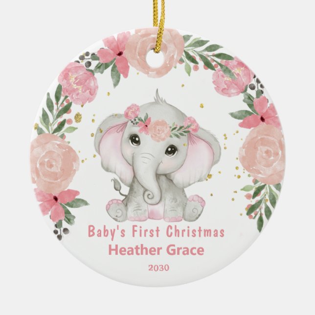Décoration En Céramique Baby First Christmas Girls Elephant Personnalisé (Devant)