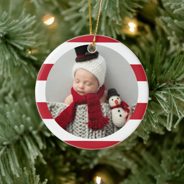 Décoration En Céramique Baby First Christmas Modern Red Stripes Photo (Arbre)