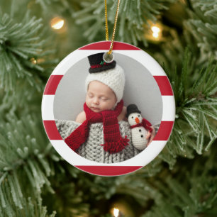 Décoration En Céramique Baby First Christmas Modern Red Stripes Photo