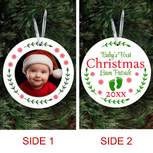 Décoration En Céramique Baby First Christmas Photo Red Snowflake & Laurel