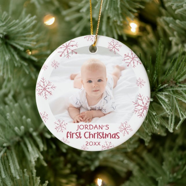 Décoration En Céramique Baby First Christmas Pink Snowflake Girl 2 Photo (Arbre)