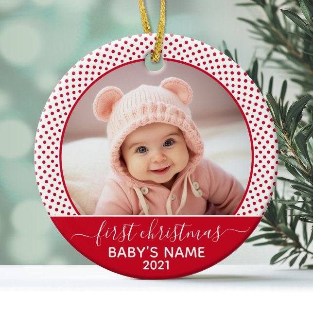 Décoration En Céramique Baby First Christmas - Pois blancs rouges (Personalized Photo Ornament - Baby's First Christmas)