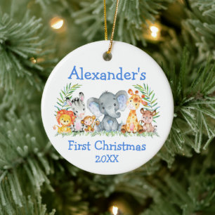 Décoration En Céramique Baby First Christmas Safari Animaux Blue Round