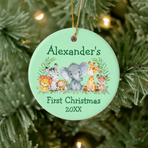 Décoration En Céramique Baby First Christmas Safari Animaux Round Green