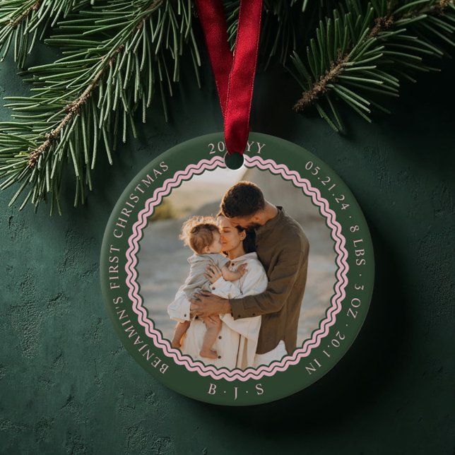 Décoration En Céramique Baby First Christmas Wavy Modern Minimal 2 Photo (Baby First Christmas Wavy Modern Minimal 2 Photo Green Ceramic Ornament)