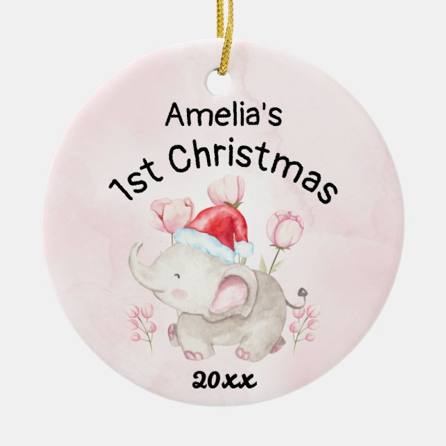 Décoration En Céramique Baby Girl Name First Christmas Pink & Custom (Devant)