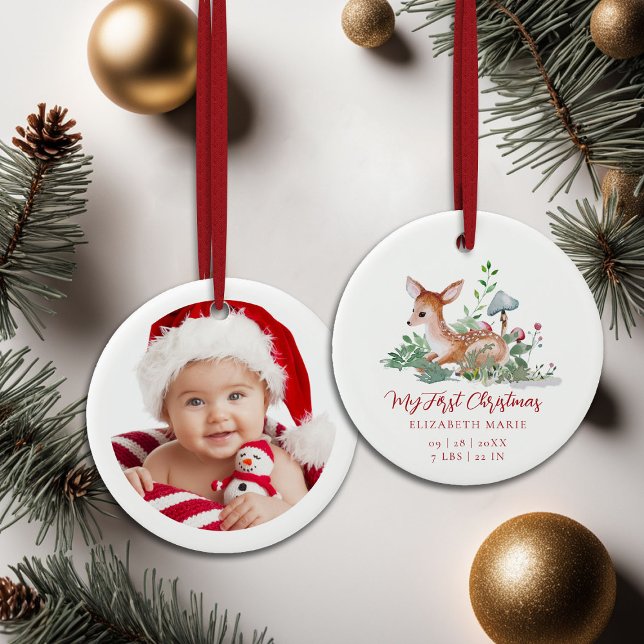 Décoration En Céramique Baby My First Christmas Woodland Deer Photo  (baby my first christmas ornament woodland deer mushrooms photo template red calligraphy)