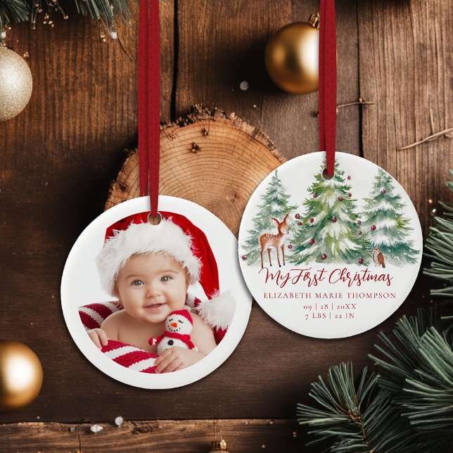 Décoration En Céramique Baby My First Christmas Woodland Owl Deer Photo  (baby my first christmas ornament woodland deer owl frozen wonderland photo template red calligraphy)