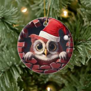 Décoration En Céramique Baby Owl à Santa Hat - 3D