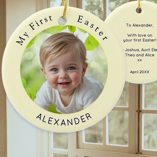 Décoration En Céramique Baby's First Easter Elegant Photo Keepsake Yellow (A decorative ornament for baby's first Easter, with custom photo, name, and a message on the back)