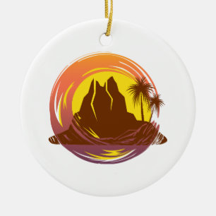 Décoration En Céramique Badge avec paysage volcanique tropical et palmiers