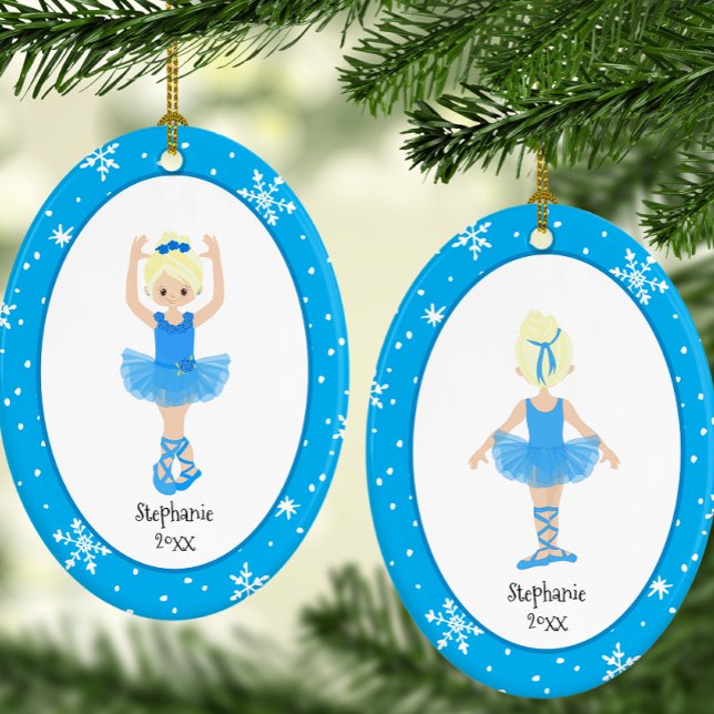 Décoration En Céramique Ballerina Bleu Snowflakes Personnalisé Noël (Personalized Blue Ballerina Snowflakes Christmas Ceramic Ornament)