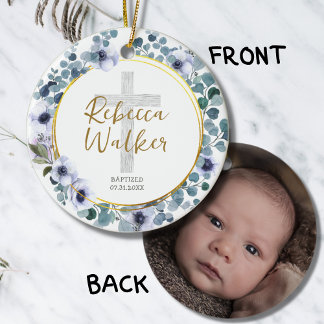 Décoration En Céramique Baptême Baptême Baptême Bleu doré Eucalyptus Fleur