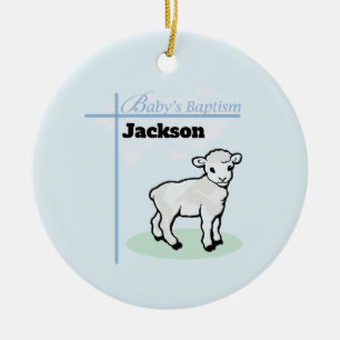 Décoration En Céramique Baptême Blue Boy Lamb, personnalisable