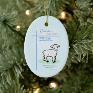 Décoration En Céramique Baptême de petit-fils bleu agneau personnalisé