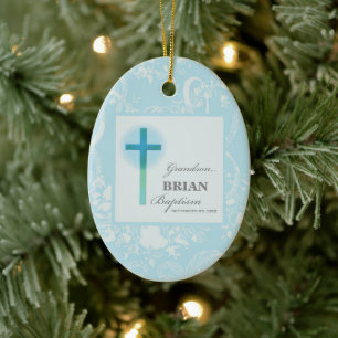 Décoration En Céramique Baptême de petit-fils bleu dentelle personnalisé