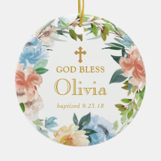 Décoration En Céramique Baptême floral personnalisé Wreath God Bless