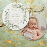 Décoration En Céramique Baptême Personnalisé Garçon Ou Fille Photo Verdure<br><div class="desc">Doté de délicats feuilles d'aquarelle et d'un élégant crucifix en or,  ce baptême ou ornement de gardiens de baptême chic garçon ou fille peut être personnalisé avec votre photo spéciale et des informations sur l'événement. Conçu par Thisisnotme©</div>