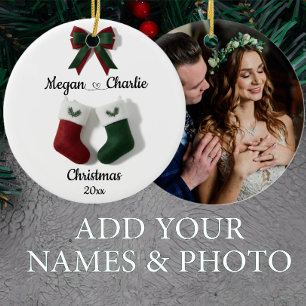 Décoration En Céramique Bas de Noël rouges et verts avec photo de couple p