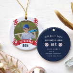 Décoration En Céramique Base-ball de Personalized<br><div class="desc">Commémorez une saison fantastique pour votre joueur de baseball préféré avec cet ornement personnalisé cool. Personnalisez le devant avec la photo, le nom et le numéro de maillot du joueur sur un arrière - plan d'illustration de base-ball. Ajoutez ensuite plus de détails à l'arrière, y compris le nom de l'équipe...</div>
