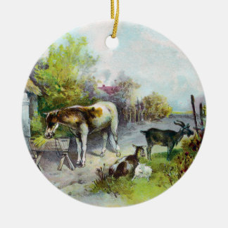 Décoration En Céramique Basse-cour rustique avec le cheval et les chèvres