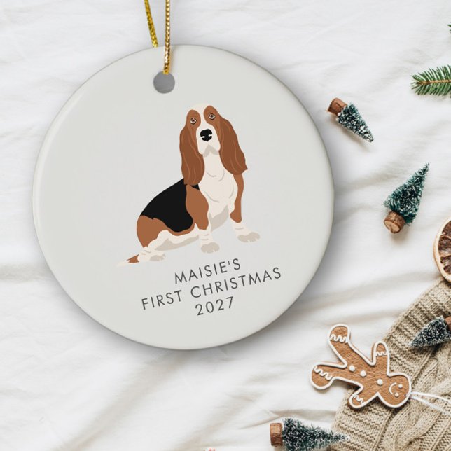 Décoration En Céramique Basset Hound Personnalisé Premier Noël de Chien (Créateur téléchargé)