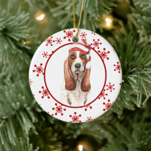 Décoration En Céramique Basset Hound Santa Hat Red Snowflake