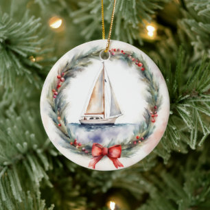 Décoration En Céramique Bateau à voile Aquarelle dans une couronne de Noël