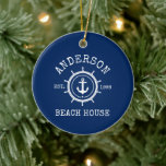 Décoration En Céramique Beach House Ancre nautique corde Helm Blue<br><div class="desc">Ancre nautique Corde Star Helm Nom de famille Maison de plage Marine Ornement bleu marine</div>