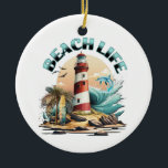 Décoration En Céramique Beach Life<br><div class="desc">Le décor de Noël sur la plage. Illustration d'une scène de plage avec phare,  planches de surf,  palmiers et dauphin.</div>