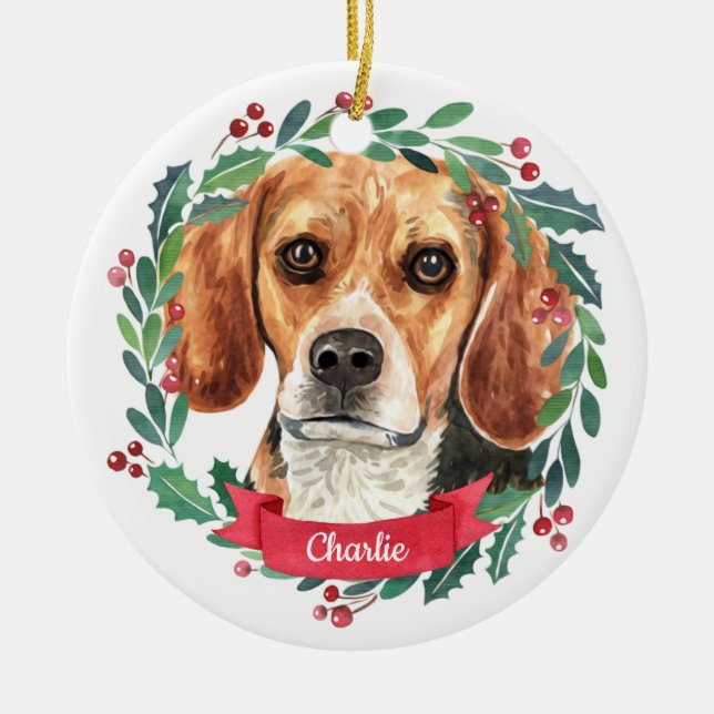 Décoration En Céramique Beagle Noël Elégant Aquarelle Chien (Devant)