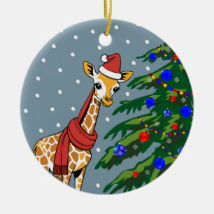 Décoration En Céramique Béanie de la jolie Giraffe et Écharpe avec sapin d