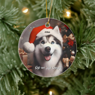 Décoration En Céramique Beau Husky Sibérien avec Santa Hat