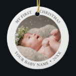 Décoration En Céramique Bébé 1ère photo de Noël<br><div class="desc">Baby first Christmas Unisex Modern Photo Ornement en céramique blanche élégante et de luxe neutre genre en fausse feuille argent.</div>