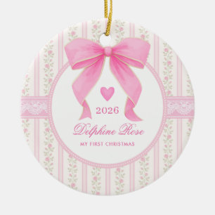 Décoration En Céramique Bébé au nœud rose 1er Noël Coquette Floral Photo