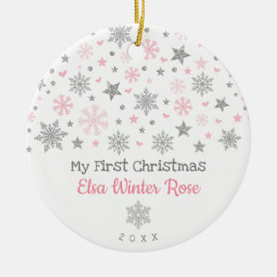 Décoration En Céramique Bébé de neige rose argent élégant Premier Noë