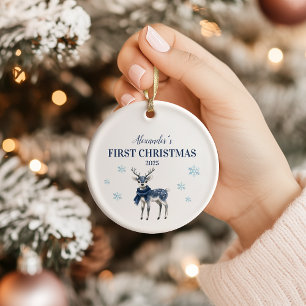 Décoration En Céramique Bébé de rennes bleus personnalisé Premier Noël