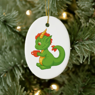 Décoration En Céramique Bébé dragon mignon tenant une tasse