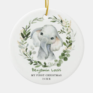 Décoration En Céramique Bébé élégant Premier Noël Vert Éléphant