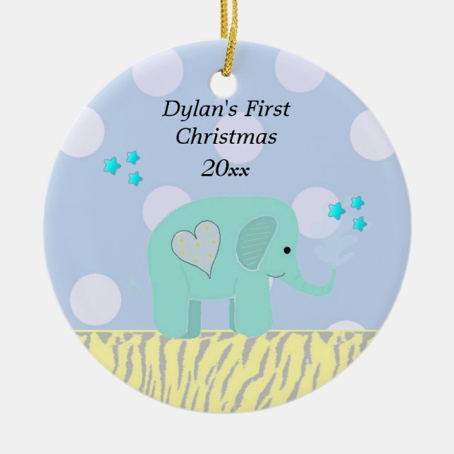 Décoration En Céramique Bébé éléphant bleu, premier Noël (Devant)