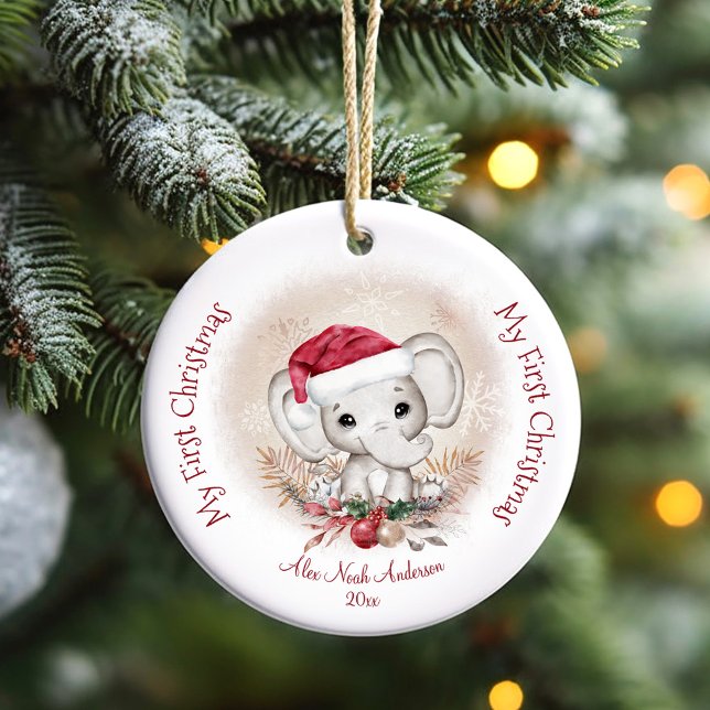 Décoration En Céramique Bébé Eléphant mignon Premier Noël Nom du garçon (Personalized first Christmas ornament with a cute elephant with Santa hat)