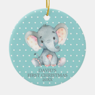 Décoration En Céramique Bébé Eléphant mignon Premier Noël Turquoise et gri