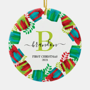 Décoration En Céramique Bébé Monogramme Nom Premier Noël Xmas Couronne