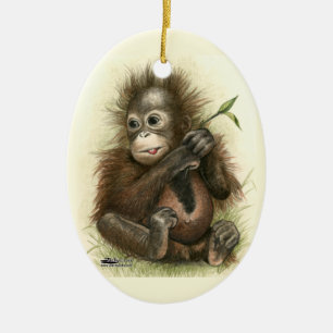 Décoration En Céramique Bébé orang-outan avec des feuilles