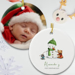 Décoration En Céramique Bébé Premier Noël Snowman Photo<br><div class="desc">Adorable premier ornement de Noël avec une illustration exclusive d'un mignon bonhomme de neige et quelques amis animaux d'un côté. De l'autre côté, vous pouvez ajouter la photo de votre bébé. Idéal pour célébrer et chérir le premier Noël de votre bébé et un grand souvenir pour les grands-parents et d'autres...</div>