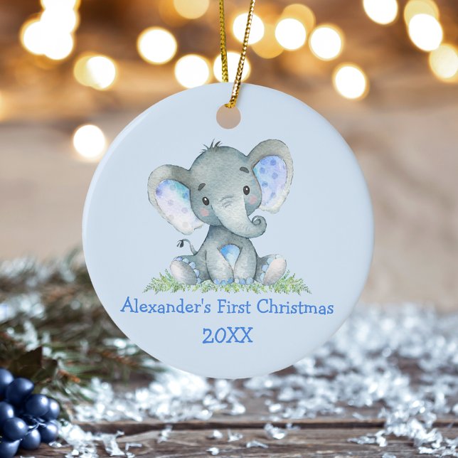 Décoration En Céramique Bébé première aquarelle de Noël Elephant bleu (Customize with name and year.)