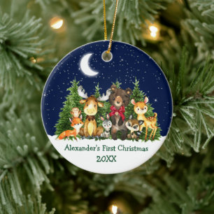 Décoration En Céramique Bébé Première forêt de Noël Animaux Bow rouge