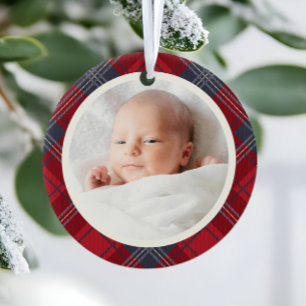 Décoration En Céramique Bébé Tartan Rouge Premier Noël Photo