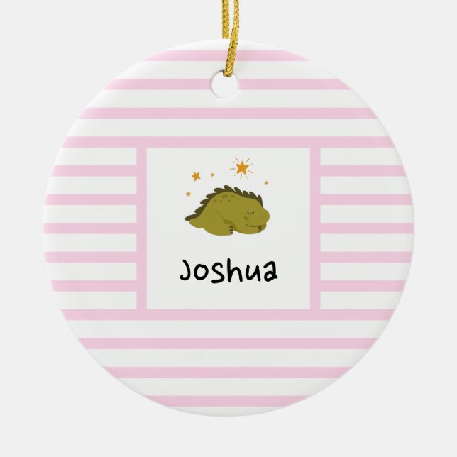 Décoration En Céramique Bébé vert Sleepy Dino | Baby Pink Stripe Modern (Devant)